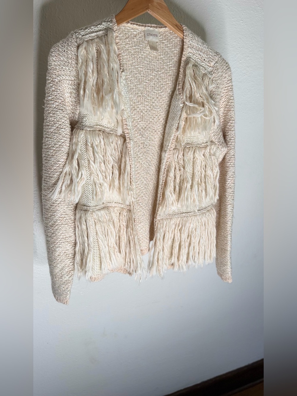 Chico's Kyleigh Fringe Cardigan in cream featuring fringe details,  size 1